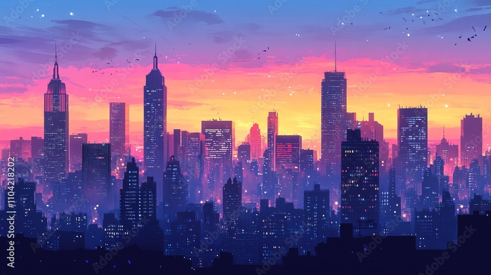 Obraz premium Sprawling cityscape at twilight with urban downtown buildings