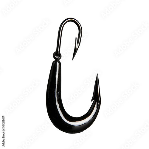 Shiny metal fishing hook with sharp point on transparent background