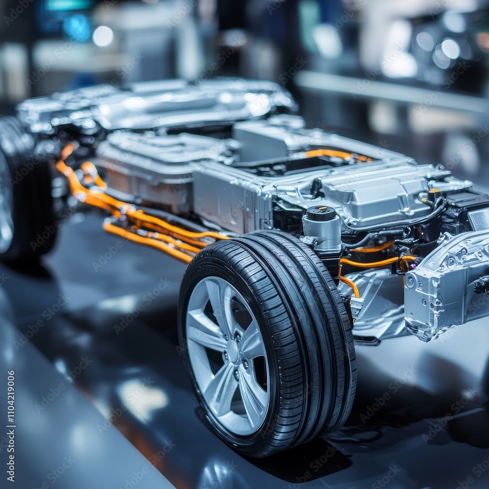 Fototapeta premium Chassis of the electric, hybrid car with powertrain. Car maintenance. Blue toned.