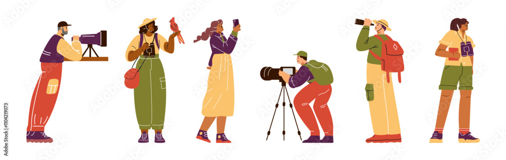 Obraz premium Vector illustration of a set with a young man and a woman-researchers are observing wildlife