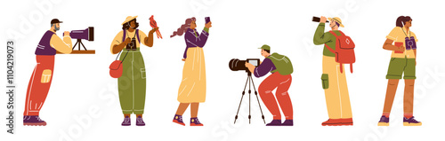 Vector illustration of a set with a young man and a woman-researchers are observing wildlife