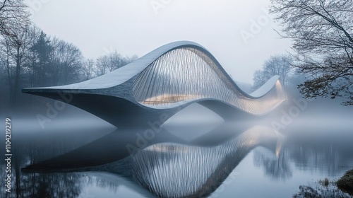 A contemporary bridge with cables vanishing into thick fog