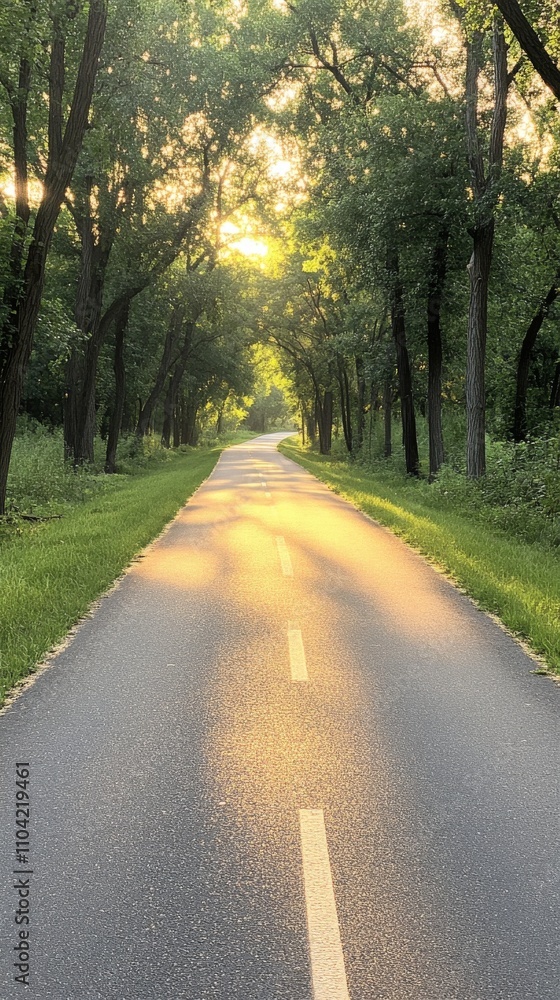 Winding forest road lined with tall trees and dappled sunlight during late afternoon Winding forest road lined with tall trees and dappled sunlight during late afternoon