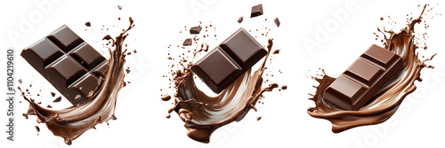 Set of milk chocolate bar resting in the center of a dramatic splash of liquid chocolate isolated on a transparent background