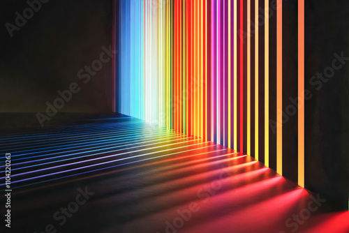 Colorful light stripes casting rainbow shadows on dark floor in abstract artistic display