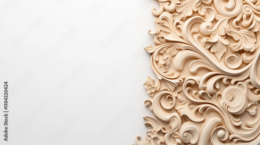 Intricate beige floral wood carving design with ornate swirls and floral patterns on a light background. Intricate beige floral wood carving design with ornate swirls and floral patterns on a light background.