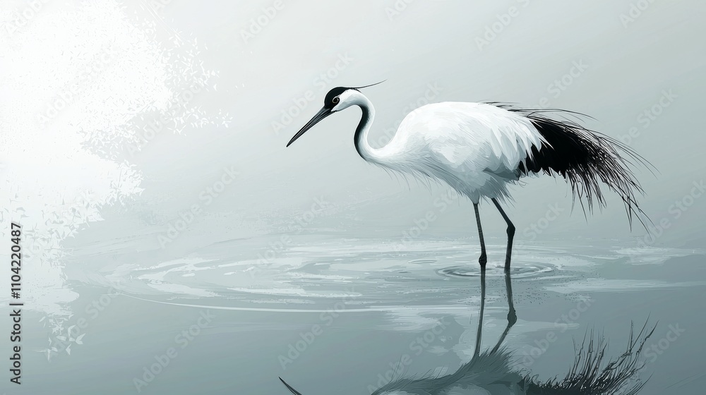 Obraz premium Elegant White Crane Standing Gracefully in Shallow Water with Soft Reflections and Serene Misty Background Creating a Calm Atmosphere