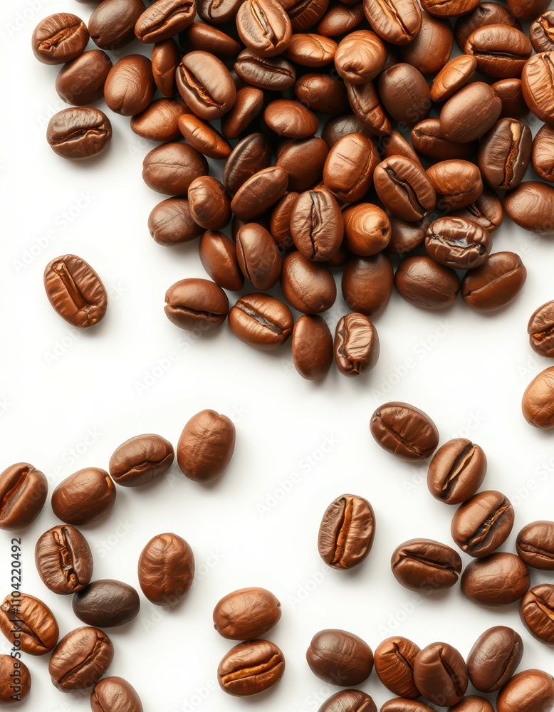 Freshly roasted coffee beans scattered on a white background showcasing their rich brown color and texture Freshly roasted coffee beans scattered on a white background showcasing their rich brown color and texture