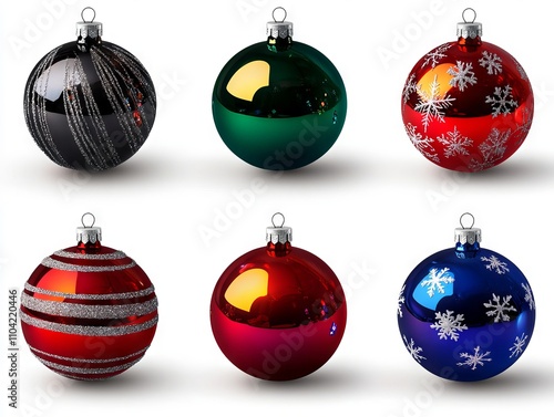 A set of six different colored christmas ornaments on a white background photo