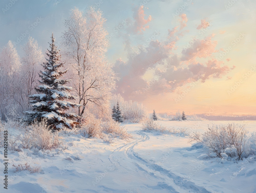 A serene winter landscape with snow-covered trees and a tranquil path at sunset. A serene winter landscape with snow-covered trees and a tranquil path at sunset.