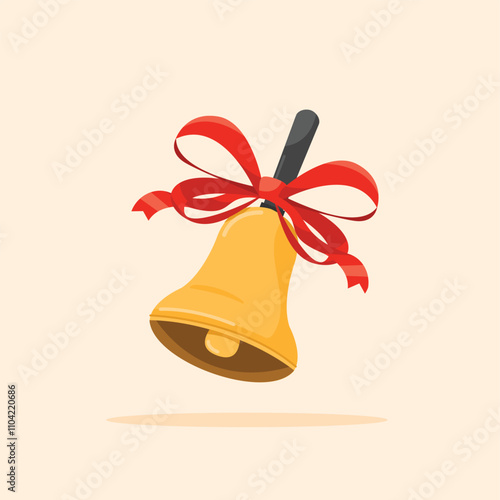 golden lesson school bell with red ribbon in flat style, christmas celebration decoration suitable for poster and web icon