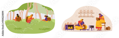 Vector set Indian women in traditional saris and shawls engaged in pottery, painting and harvesting