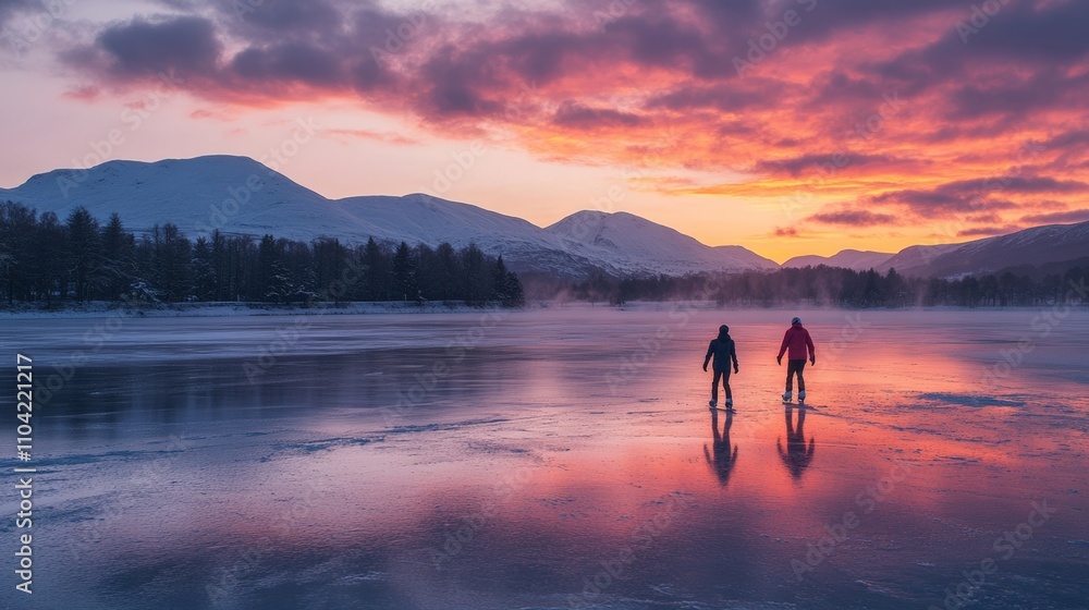 Fototapeta premium Two figures walk on an icy lake during a vibrant sunset, surrounded by majestic mountains and colorful clouds.