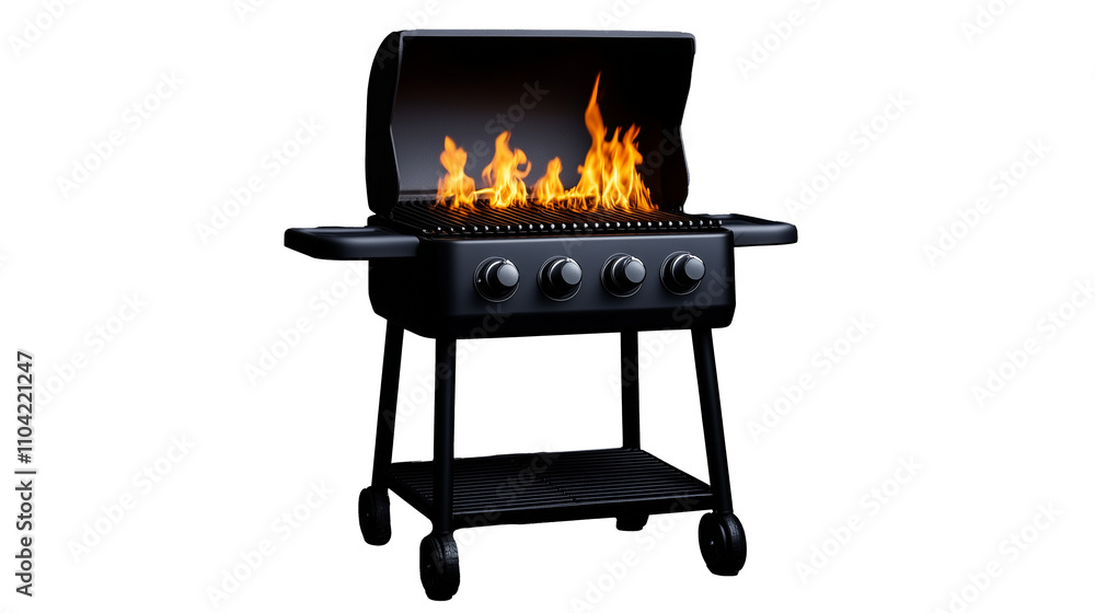Flaming barbecue grill with open lid and visible flames Flaming barbecue grill with open lid and visible flames