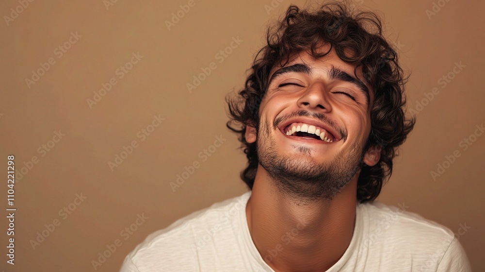 Obraz premium Joyful young man with curly hair laughing against a neutral background