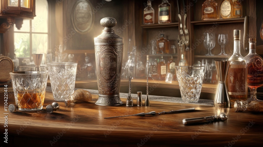 A well-stocked bar with crystal glasses, a cocktail shaker, and various spirits on display. A well-stocked bar with crystal glasses, a cocktail shaker, and various spirits on display.