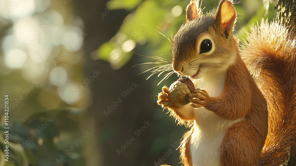 Fototapeta premium Close-up of a squirrel holding an acorn in a sunlit forest during autumn, showcasing nature's beauty and wildlife behavior