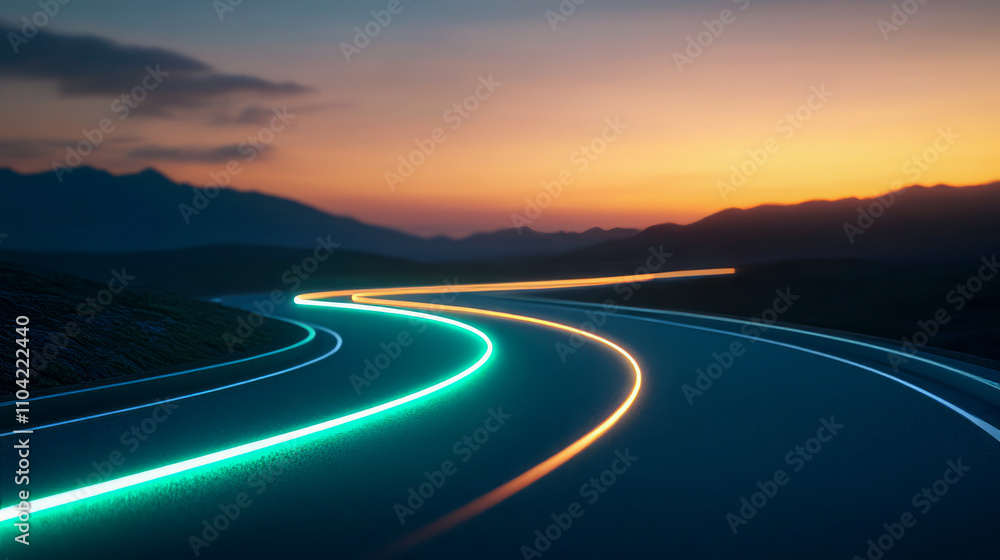 Naklejka premium Vibrant neon road curves at sunset with mountain silhouette