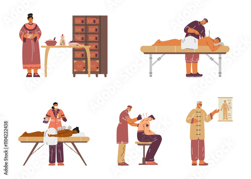 Set of illustrations of alternative treatment in an oriental medicine clinic with characters.