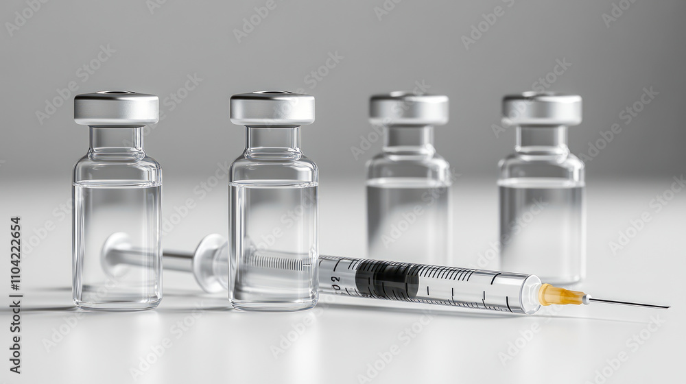 Syringe and vials of medicine on white surface: medical supplies for vaccination and treatment Syringe and vials of medicine on white surface: medical supplies for vaccination and treatment