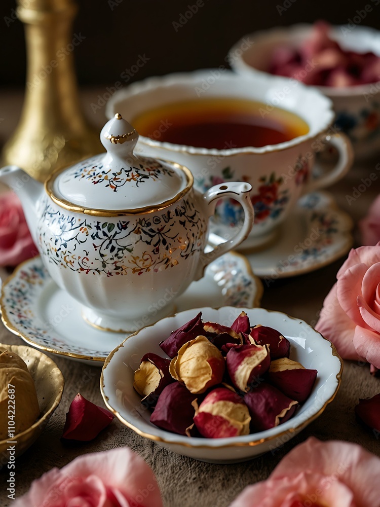 Fototapeta premium Arabian tea served with dried rose petals in fine china.