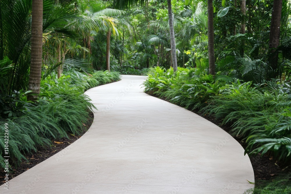 Pathway winding through lush tropical foliage in a serene garden environment Pathway winding through lush tropical foliage in a serene garden environment