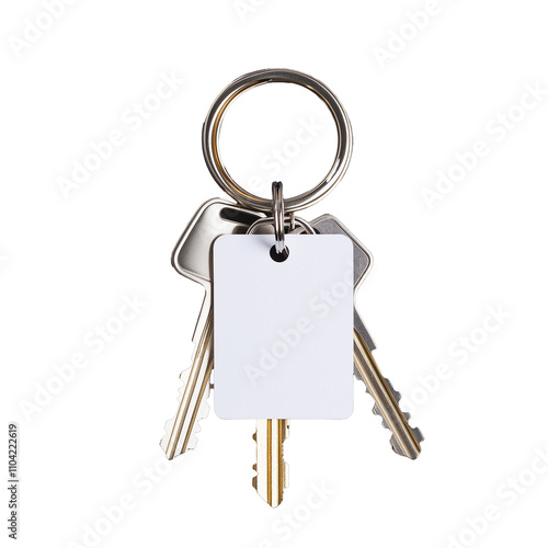 Set of metal keys with blank tag on transparent background photo