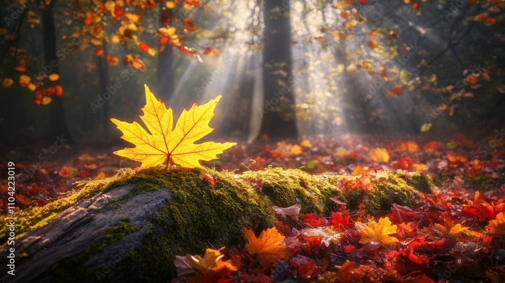 Radiant Yellow Maple Leaf in Autumn Forest with Beautiful Sunlight and Colorful Leaves Radiant Yellow Maple Leaf in Autumn Forest with Beautiful Sunlight and Colorful Leaves