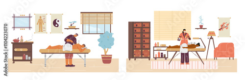 A set of vector illustrations with a vacuum massage procedure with jars and acupuncture