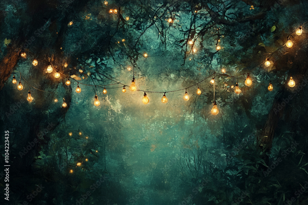 Obraz premium Glowing Tree Lights Illuminating a Twilight Forest Scene