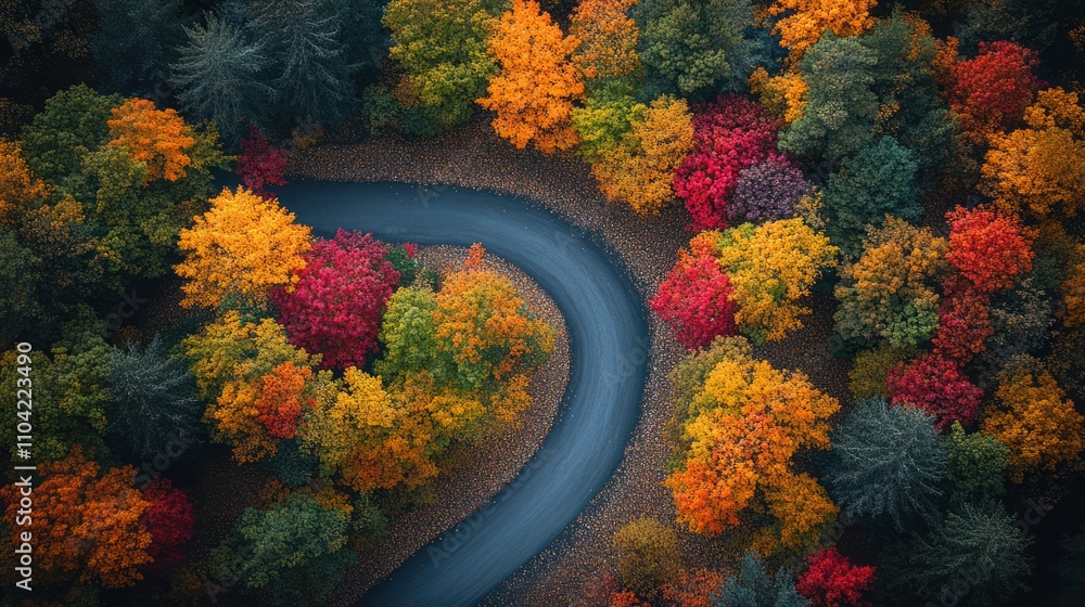Aerial view of winding road through autumn forest. Aerial view of winding road through autumn forest.