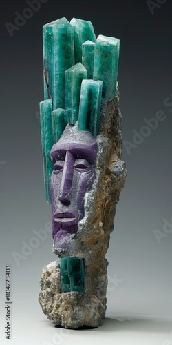 Intriguing sculpture blending anthropological themes with natural minerals, showcasing a purple face and green crystals