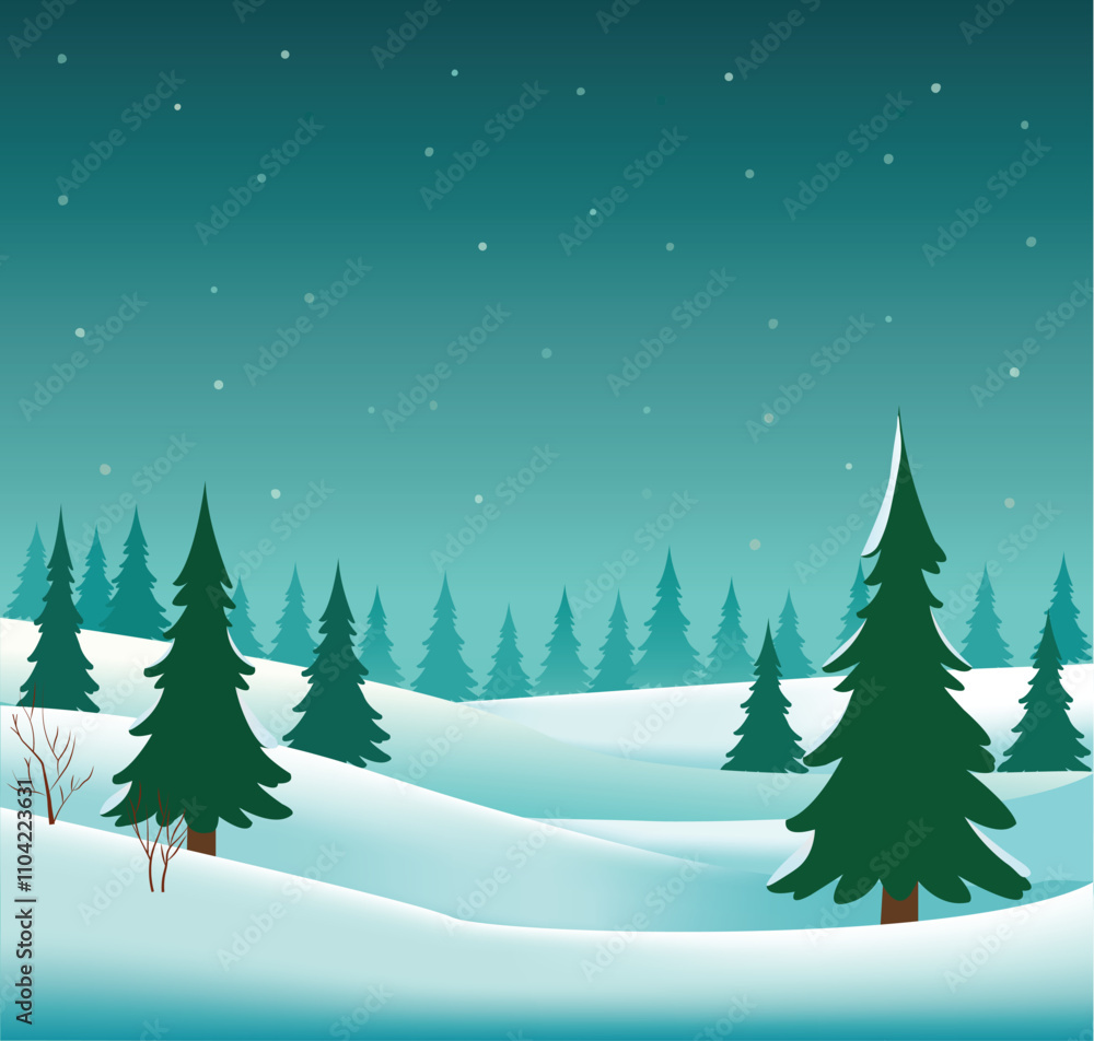 Obraz premium Winter snow landscape with pine trees vector illustration 