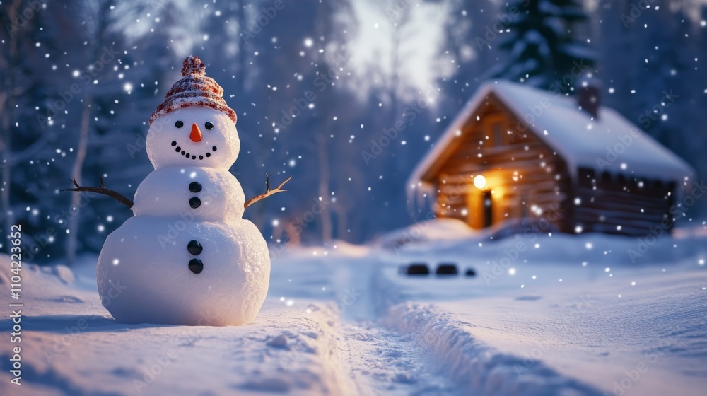 Obraz premium A cheerful snowman stands in the snow near a cozy cabin. Soft snowflakes fall gently, creating a magical winter scene.