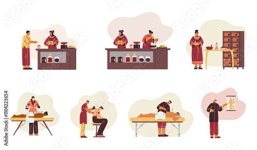 Vector illustration of a set with characters undergoing acupuncture, herbs and vacuum therapy.