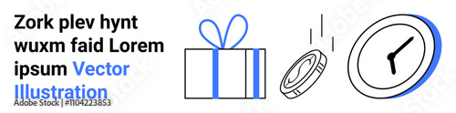 Gift box with bow, coin falling and analog clock with simple design. Ideal for time management, value, rewards, punctuality, planning, investments and productivity. Landing page