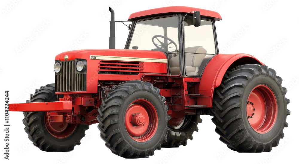 Red agricultural tractor parked in a field during a sunny day Red agricultural tractor parked in a field during a sunny day