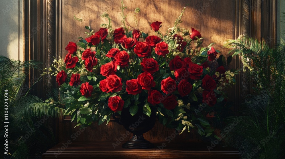 Beautiful Red Roses in a Dark Vase, Perfect for Settings and Special Moments. Bright and Lovely Floral Arrangement. Beautiful Red Roses in a Dark Vase, Perfect for Settings and Special Moments. Bright and Lovely Floral Arrangement.