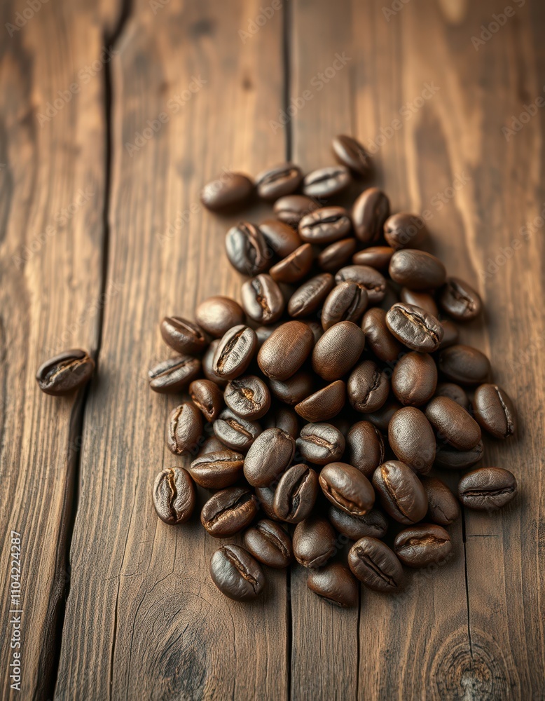 Freshly roasted coffee beans scattered on rustic wooden surface ready for brewing or serving Freshly roasted coffee beans scattered on rustic wooden surface ready for brewing or serving