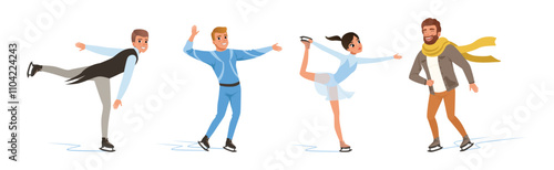 Man and Woman Ice Figure Skating Moving on Ice Rink Vector Set