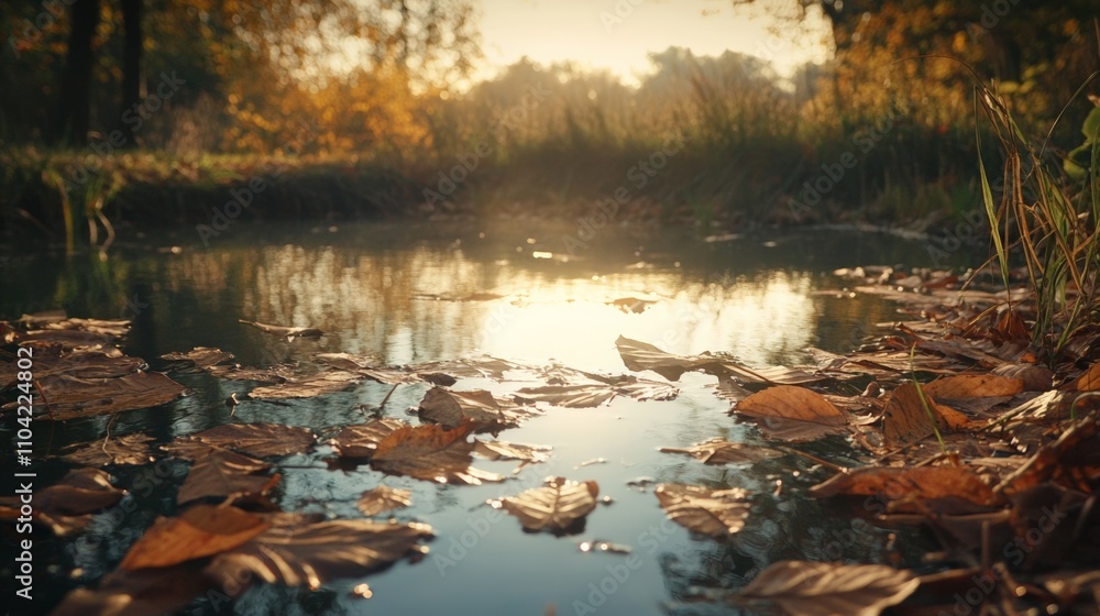 Tranquil Stream with Autumn Leaves: A Peaceful Nature Scene by the Water Tranquil Stream with Autumn Leaves: A Peaceful Nature Scene by the Water