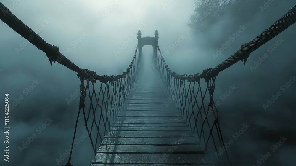 Fototapeta premium Misty suspension bridge engulfed in foggy atmosphere