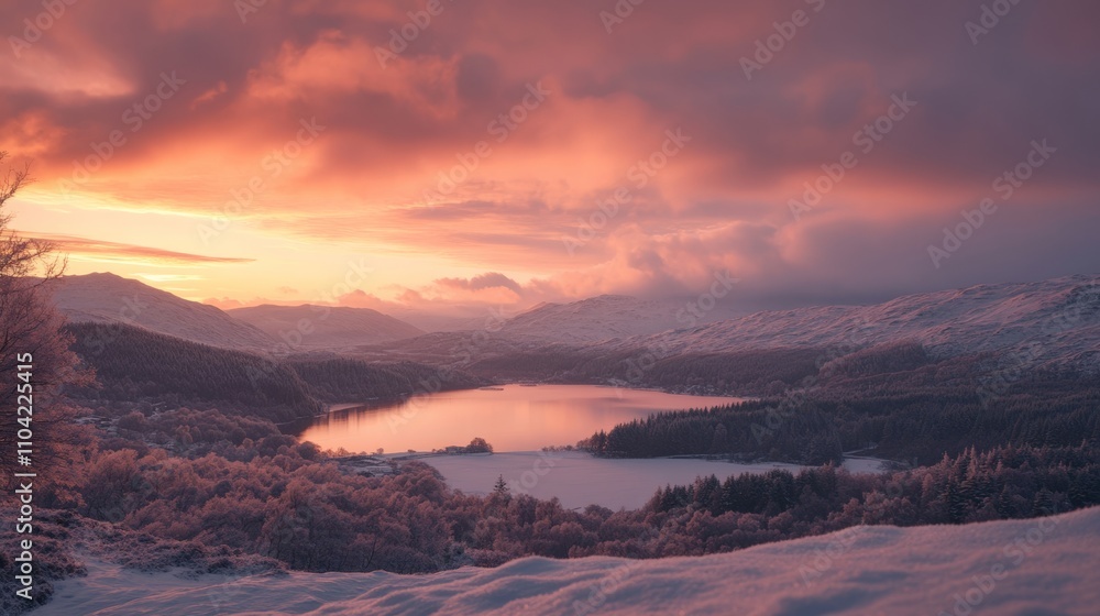 Naklejka premium Serene Sunset Over the Lake: A Beautiful Winter Landscape Captured in Stunning Hues