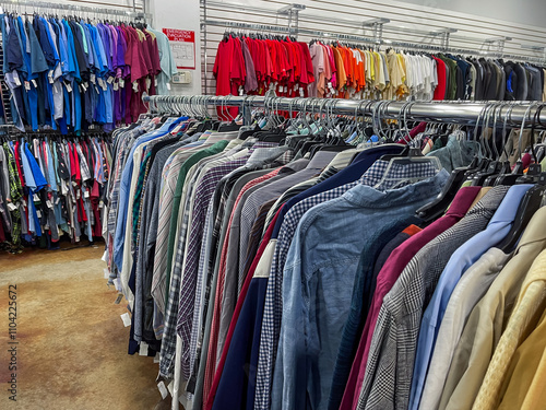 Thrift store clothing rack with selection of preowned secondhand shirts on hangers.