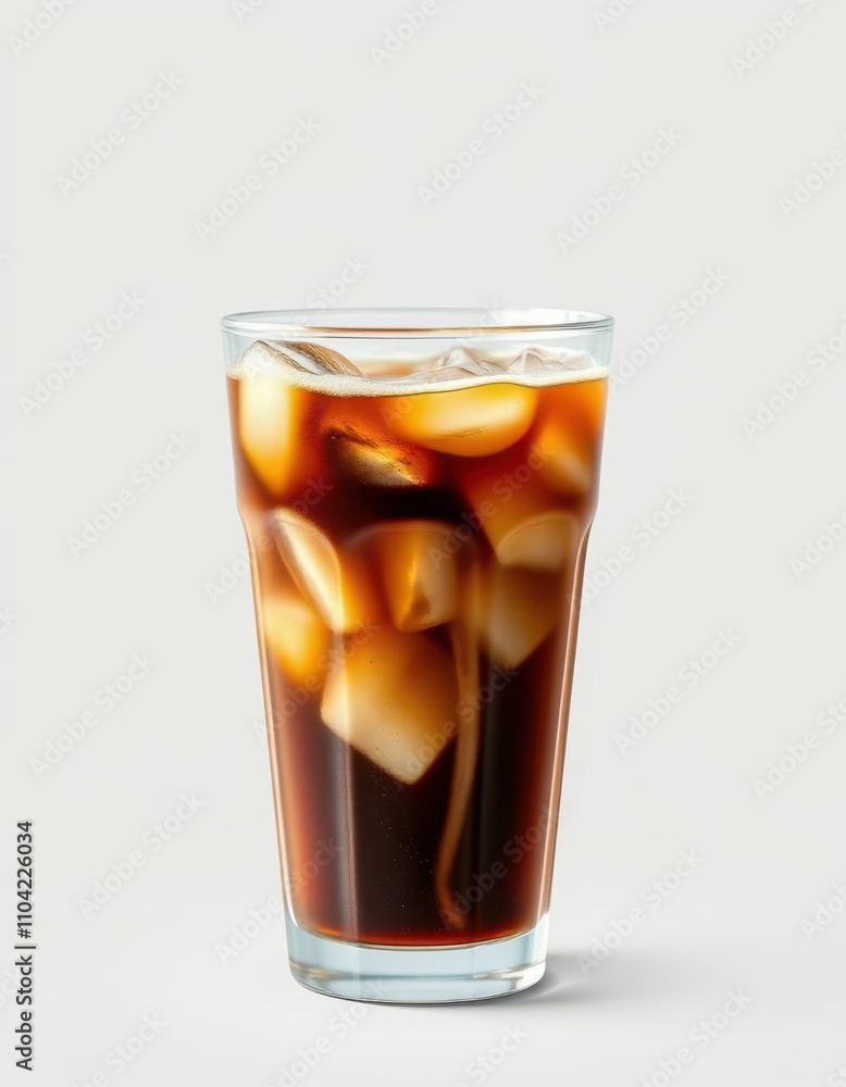 Refreshing iced coffee served in a clear glass filled with ice cubes in a minimalistic setting Refreshing iced coffee served in a clear glass filled with ice cubes in a minimalistic setting