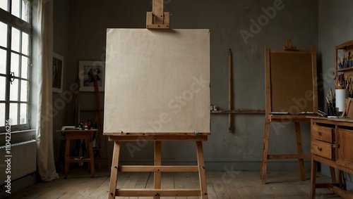 Artist’s studio with a blank canvas on an easel.