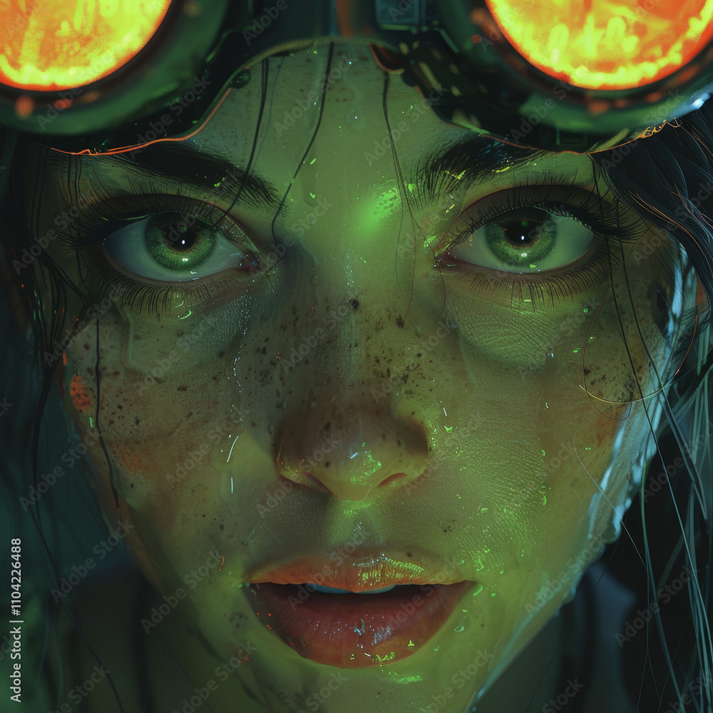 Intense Portrait with Green Lighting and Water Droplets Intense Portrait with Green Lighting and Water Droplets