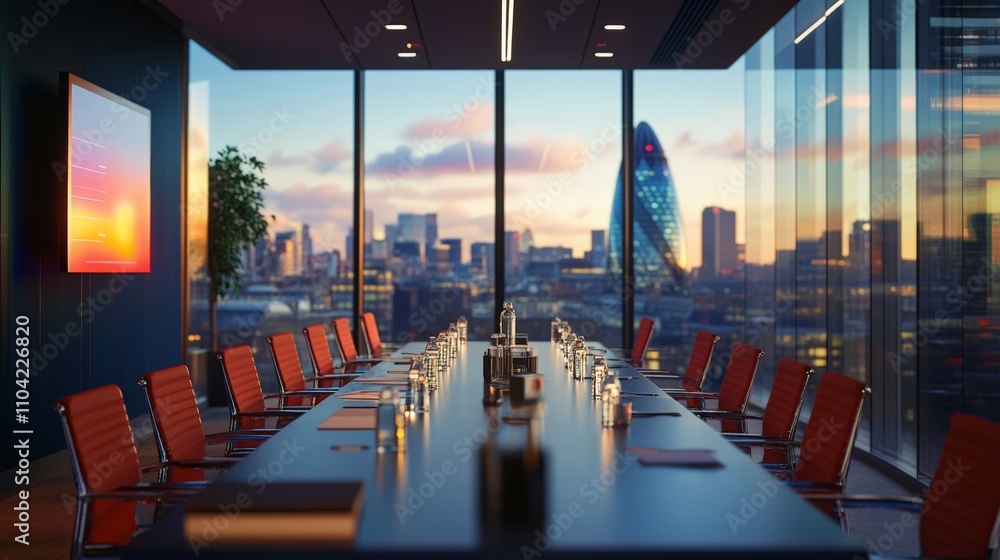 Modern conference room with stunning city skyline views at sunset. Bright orange chairs and sleek design create a welcoming atmosphere. Modern conference room with stunning city skyline views at sunset. Bright orange chairs and sleek design create a welcoming atmosphere.