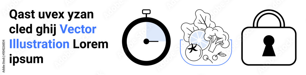 Icons of a stopwatch timing tasks, vegetables promoting healthy eating, and a lock symbolizing security. Ideal for time management, health, security, punctuality, wellness, tracking and privacy Icons of a stopwatch timing tasks, vegetables promoting healthy eating, and a lock symbolizing security. Ideal for time management, health, security, punctuality, wellness, tracking and privacy