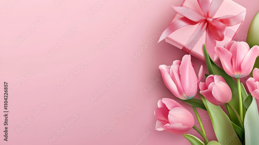 Elegant pink background with tulips and a gift box, with space for text for Valentine's Day or Women's Day Elegant pink background with tulips and a gift box, with space for text for Valentine's Day or Women's Day